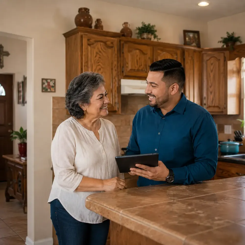 A home buyer shows an El Paso homeowner a written offer on a tablet in her kitchen