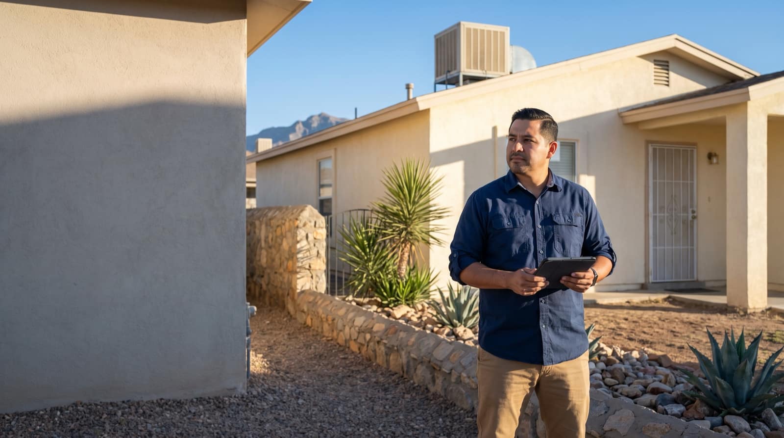 A local real estate investor reviews a stucco house in El Paso with a tablet