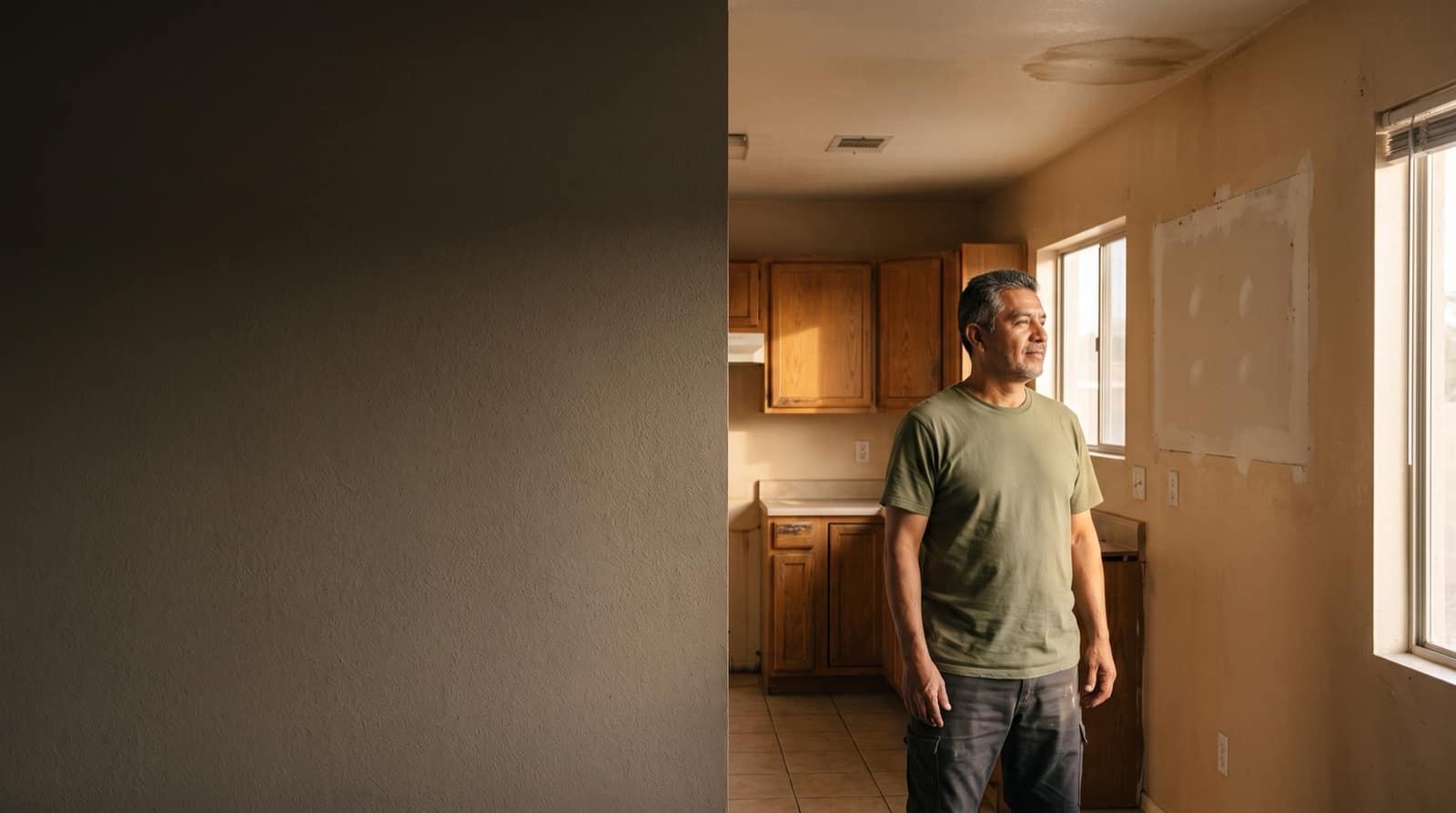 An El Paso homeowner standing in a kitchen with visible repair needs.