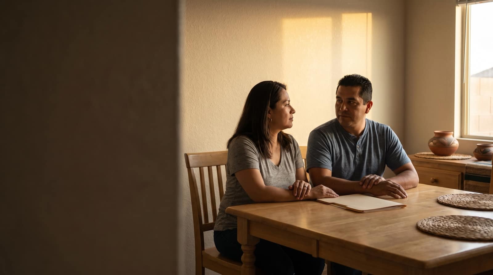 Two El Paso homeowners calmly discussing their house at a dining table.