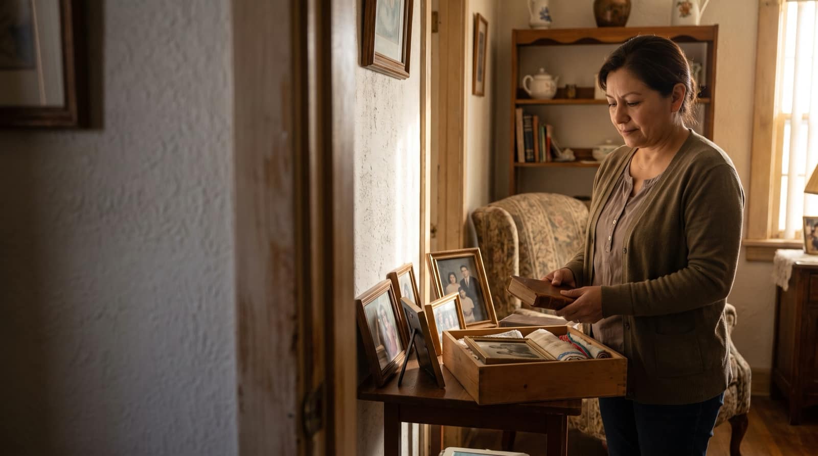 A woman sorting family keepsakes inside an inherited El Paso home.
