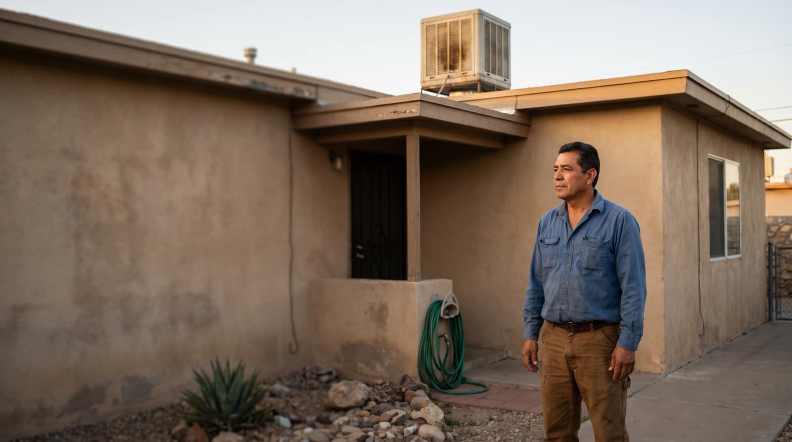 An El Paso rental-property owner inspecting a modest stucco duplex.