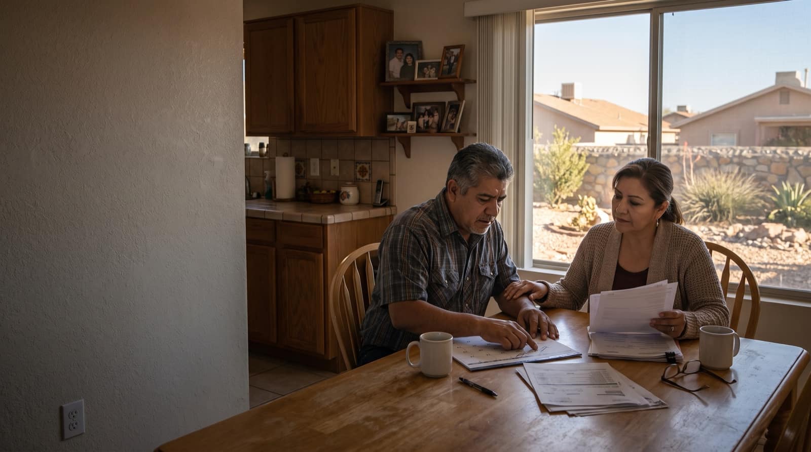 An El Paso couple reviewing mortgage paperwork together at their dining table.